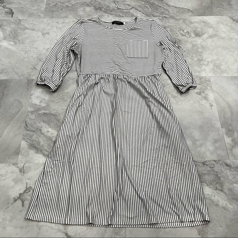 MEROKEETY Size Large L Stripe Dress Casual Pockets 3/4 Sleeves‎